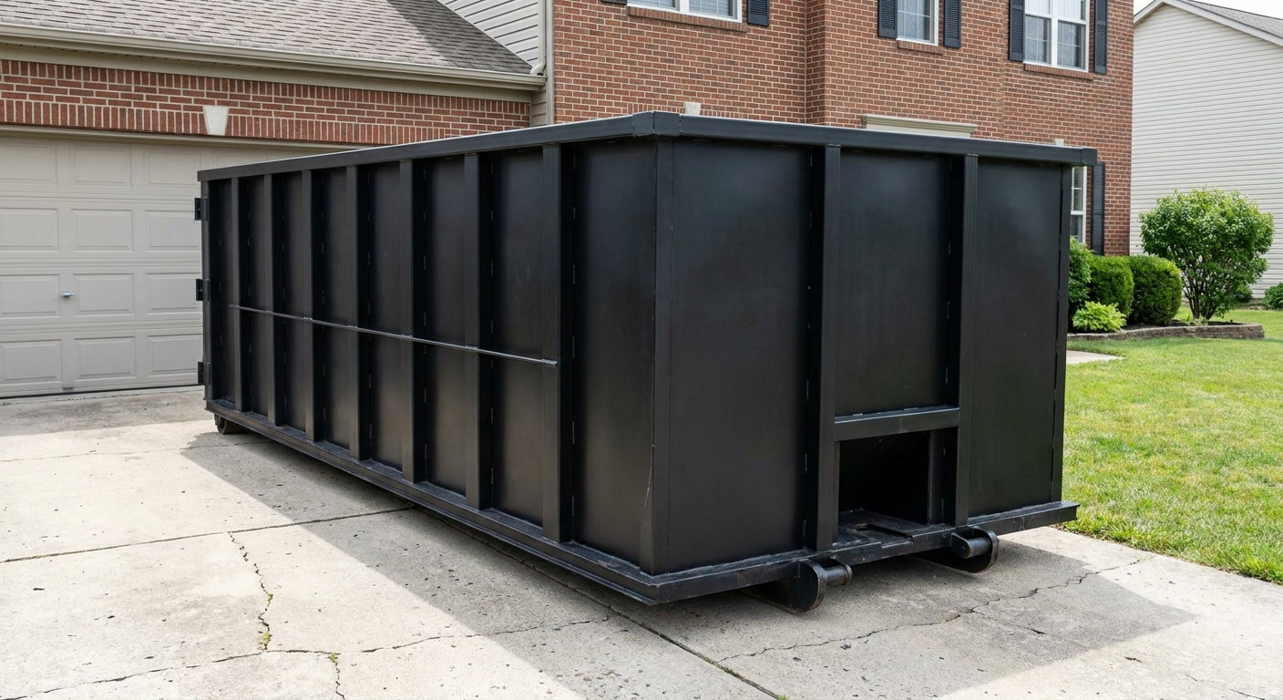 Matte-black 20-yard roll-off container on a Lakeland residential concrete driveway with reinforced ribbed steel sidewalls and a hinged rear walk-in door, clean bright daylight.