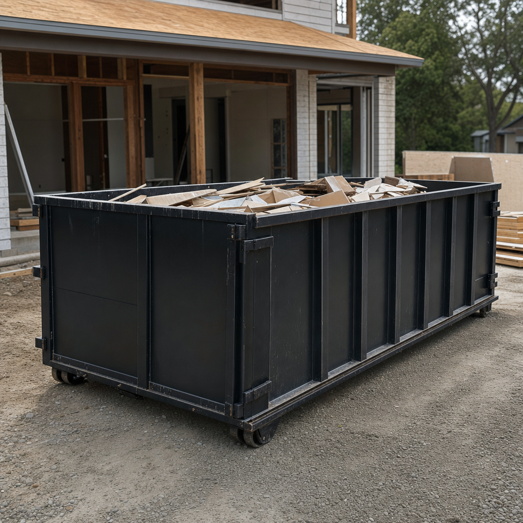 Large matte-black 30-yard construction roll-off dumpster at an active Lakeland jobsite, steel-gray top rails and bottom rollers visible, loaded with construction debris.