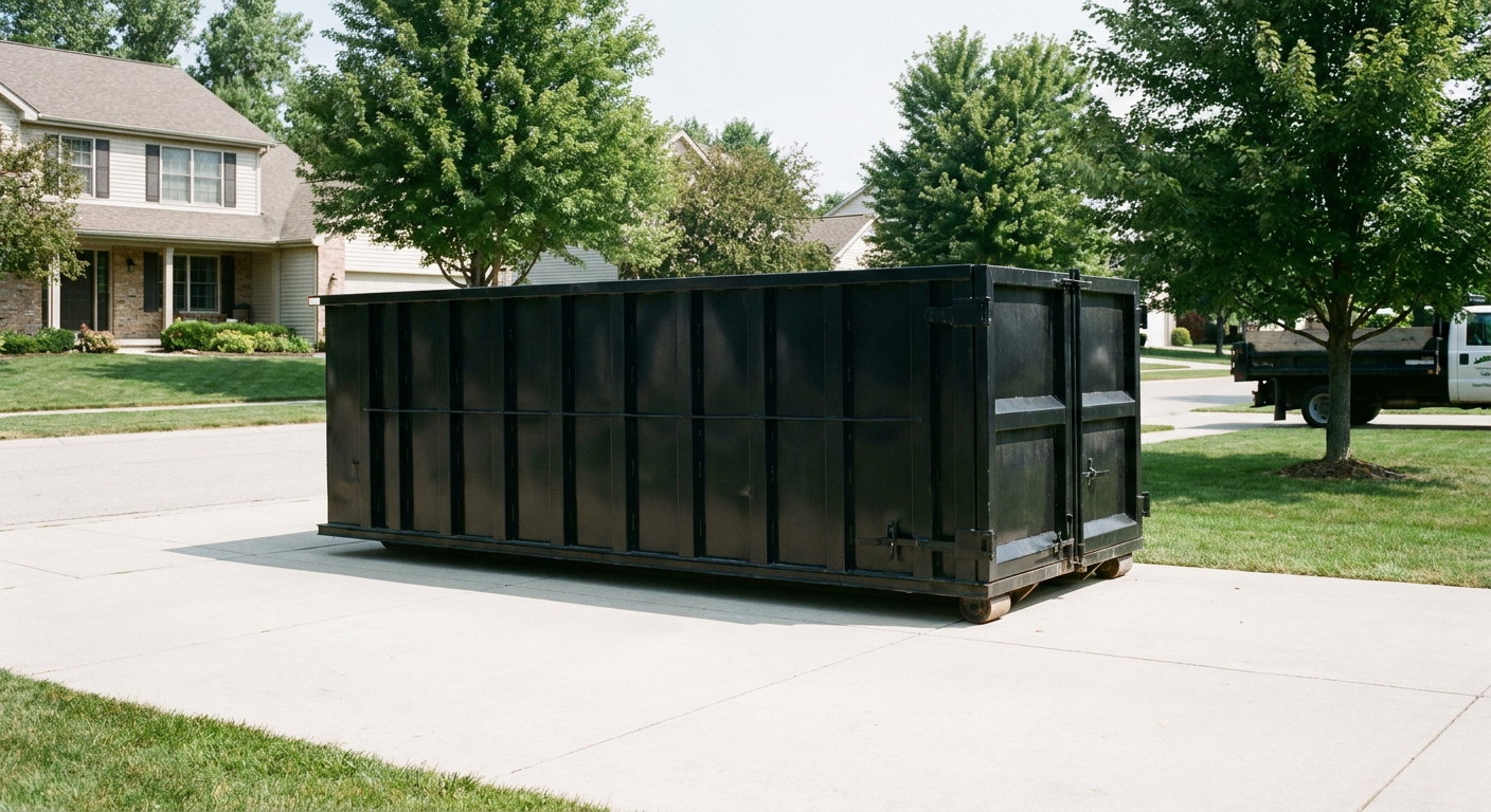Matte-black 20-yard roll-off dumpster sitting level on a clean Lakeland residential concrete driveway under bright daylight, demonstrating clean placement directly on the concrete.