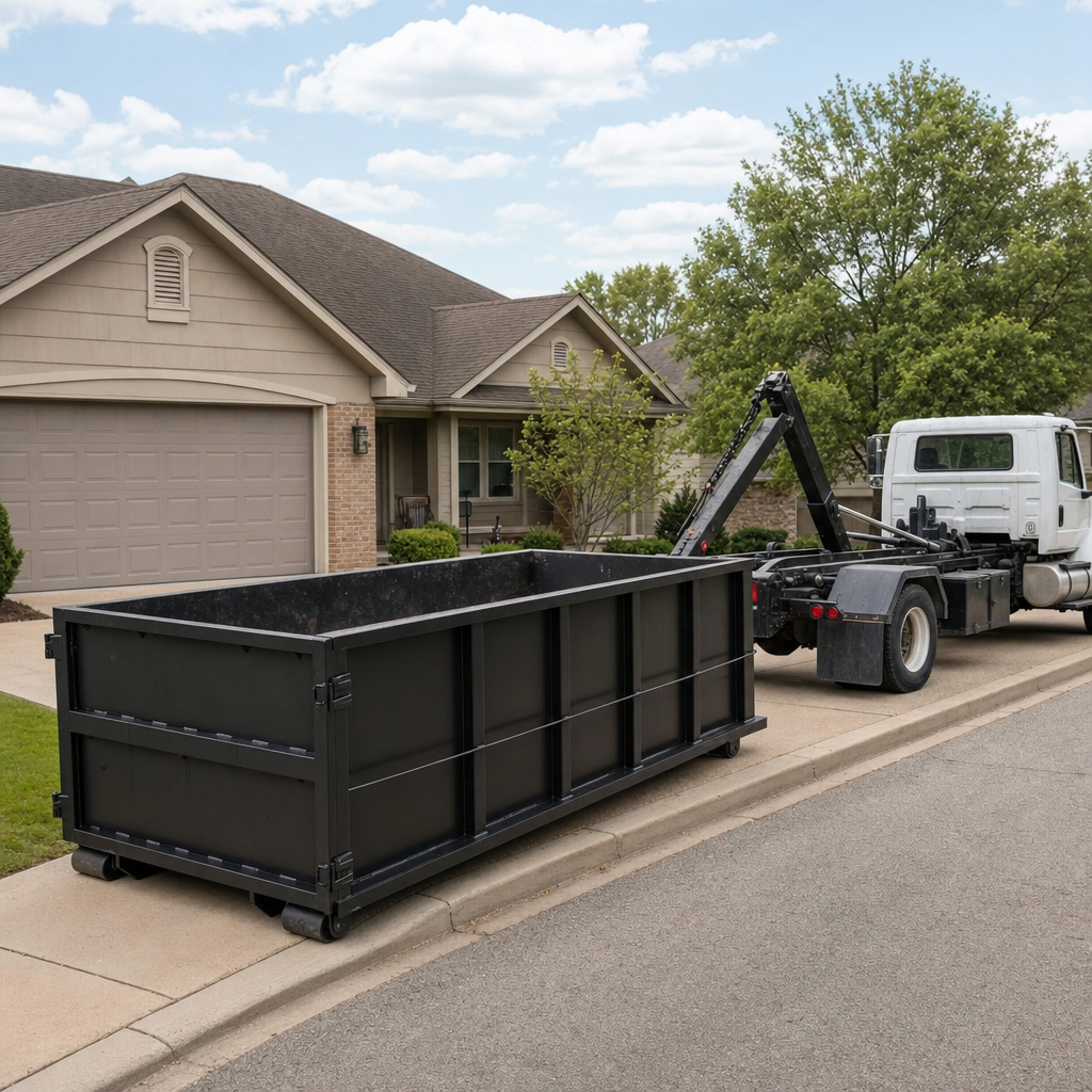 Wide documentary shot of a matte-black roll-off dumpster on a Lakeland residential driveway in the foreground and a contractor jobsite container in the soft-focus background, bright daylight, calm and orderly composition.